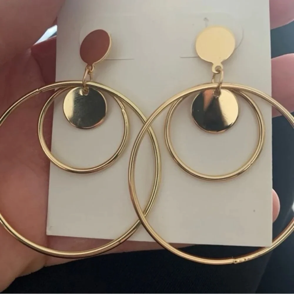 Gold Tone Concentric Hoop Drop Earrings